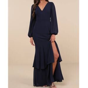 NEW Lulus Tier Elegance Navy Sheer Long Sleeve Tiered Woven Tie Maxi Dress 2X